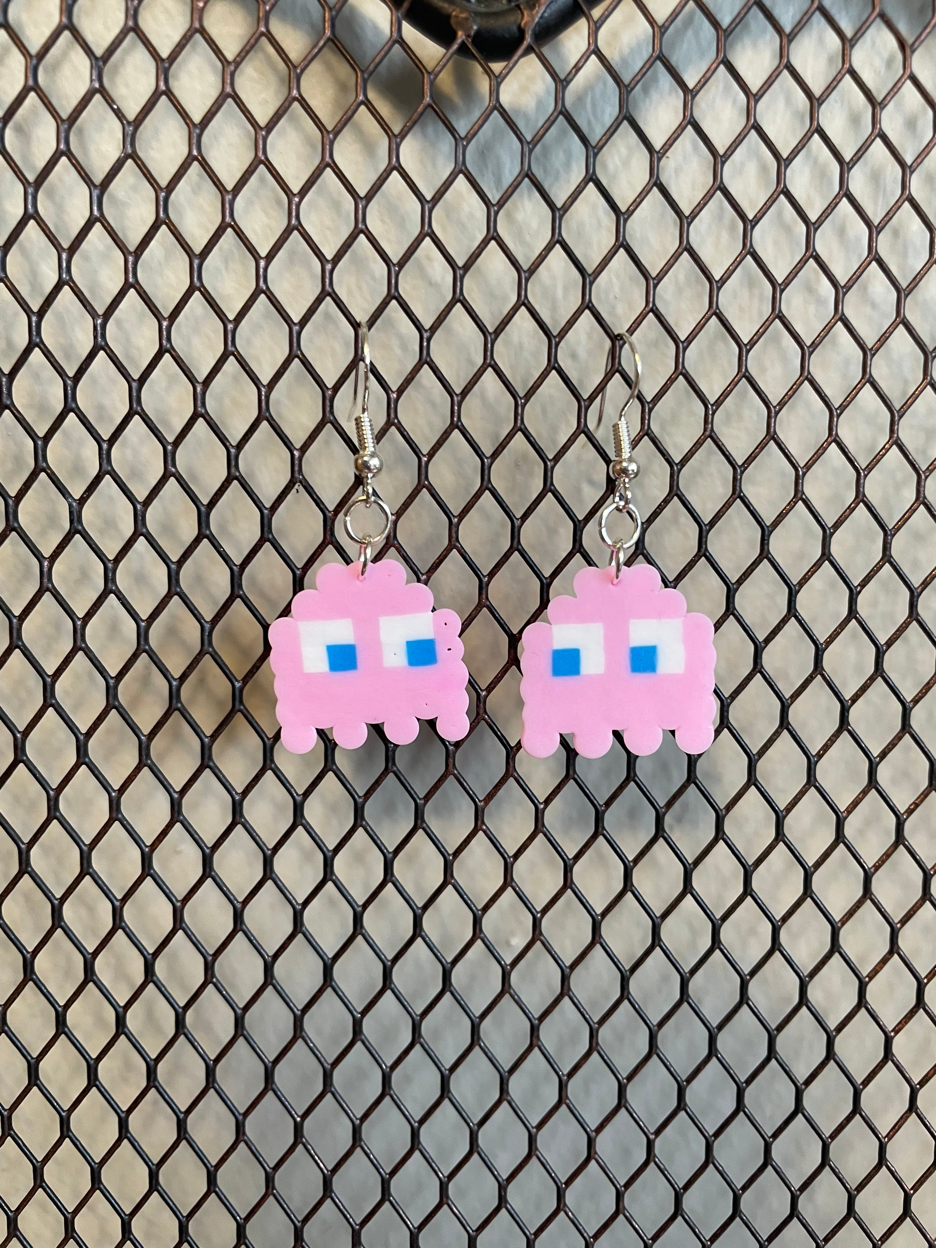 Pink PAC-MAN Ghost Earrings